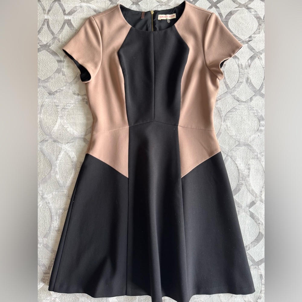 Rebecca Taylor Black Dusty Rose Pink Colorblock Midi Flare Dress Size 6
